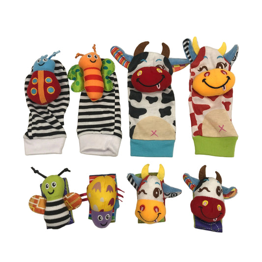Baby Rattle Animal Socks & Wrist Straps 8PCS Set Soft Infant Sensory Toys NEW