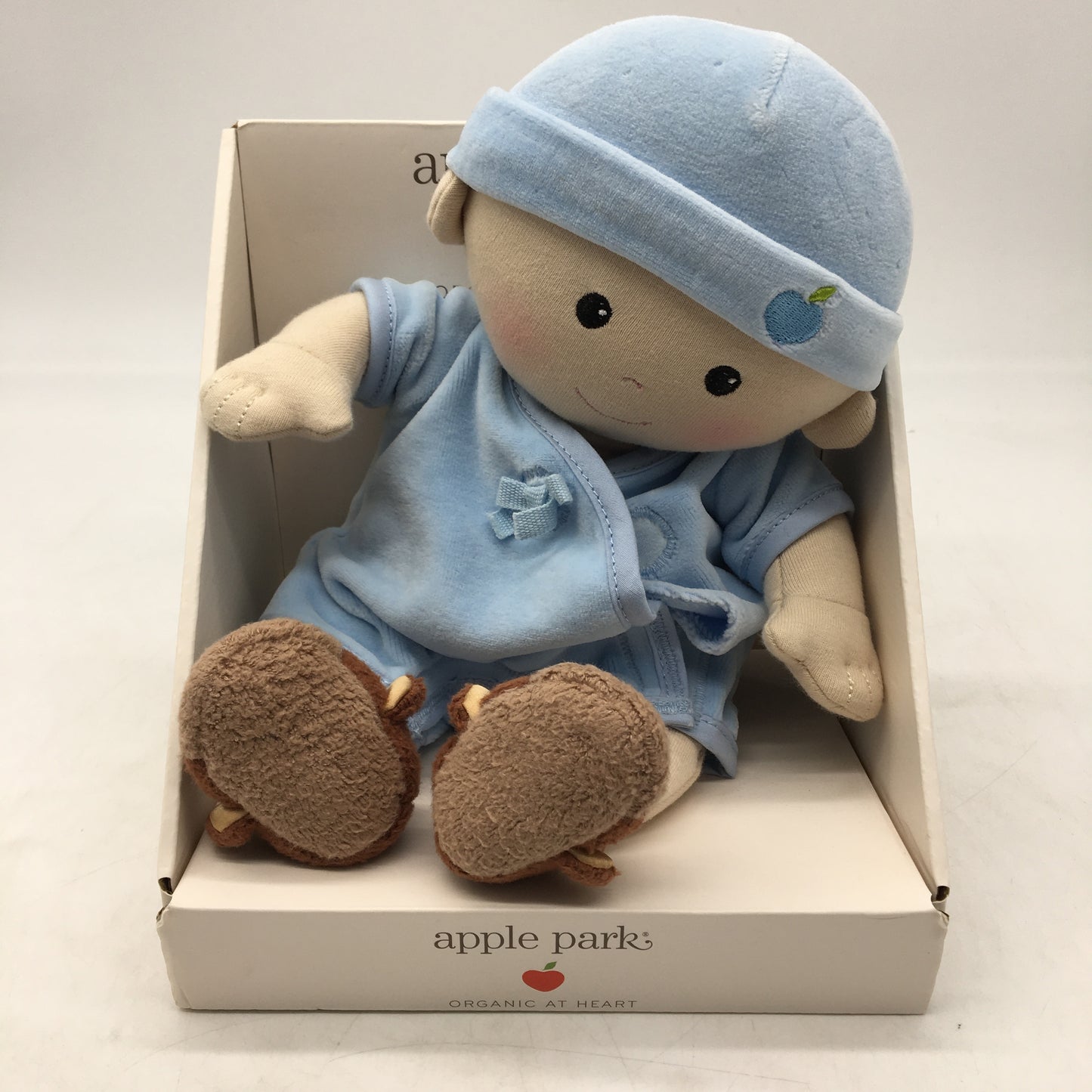 Apple Park Kids 100% Organic Cotton Baby In Blue Muslin Soft Doll Ages 3+ NEW