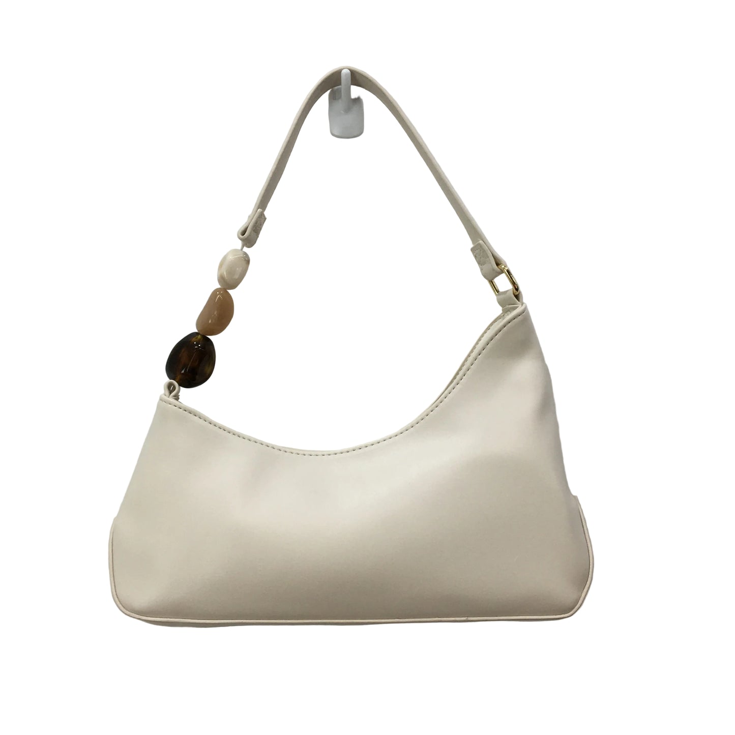 Porcelain Cream Leather Look Beaded Strap Curved Shape Shoulder Hand Bag NEW