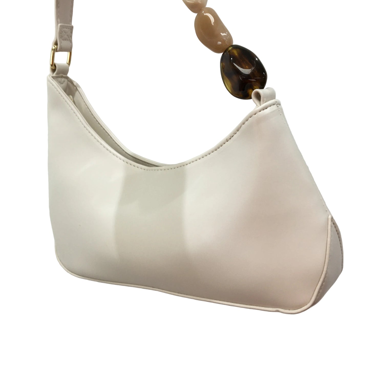Porcelain Cream Leather Look Beaded Strap Curved Shape Shoulder Hand Bag NEW