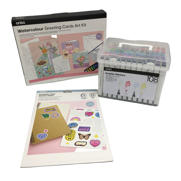 3 Pack Watercolour Card Kit, Vinyl Sticker Paper & 108pc Markers Art Bundle NEW