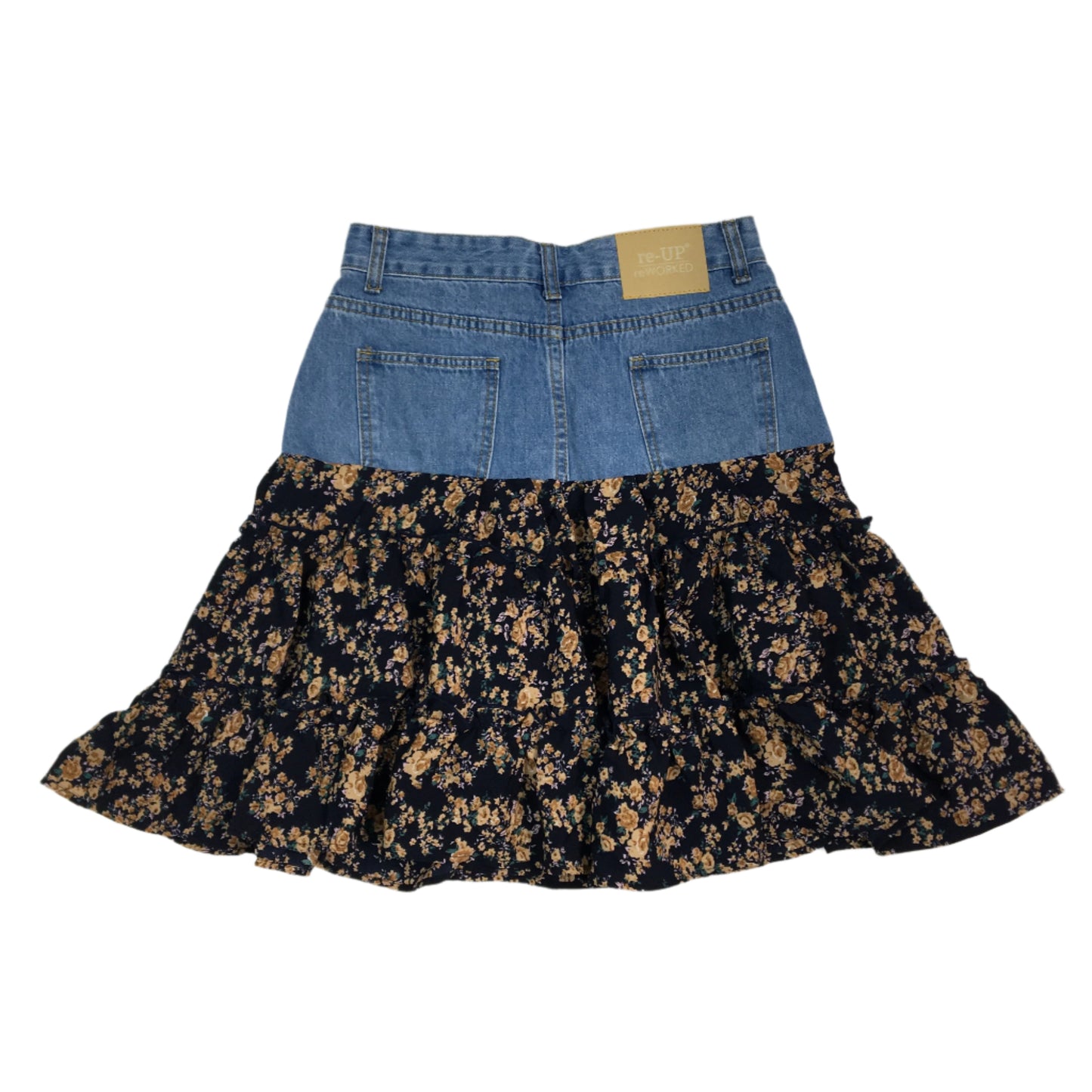 re-UP Handcrafted Upcycled Fabrics Floral RaRa Mini Skirt Size 10 Blue Denim - Durable Design Fast Shipping reWORKED