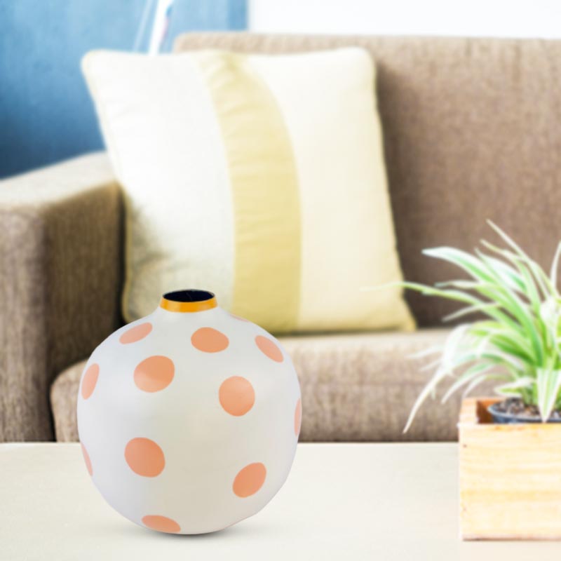 Handcrafted Iron Vase with Pink Spots Artistic Home Decor Pink and White Hand Painted Metal - Lightweight Durable NEW
