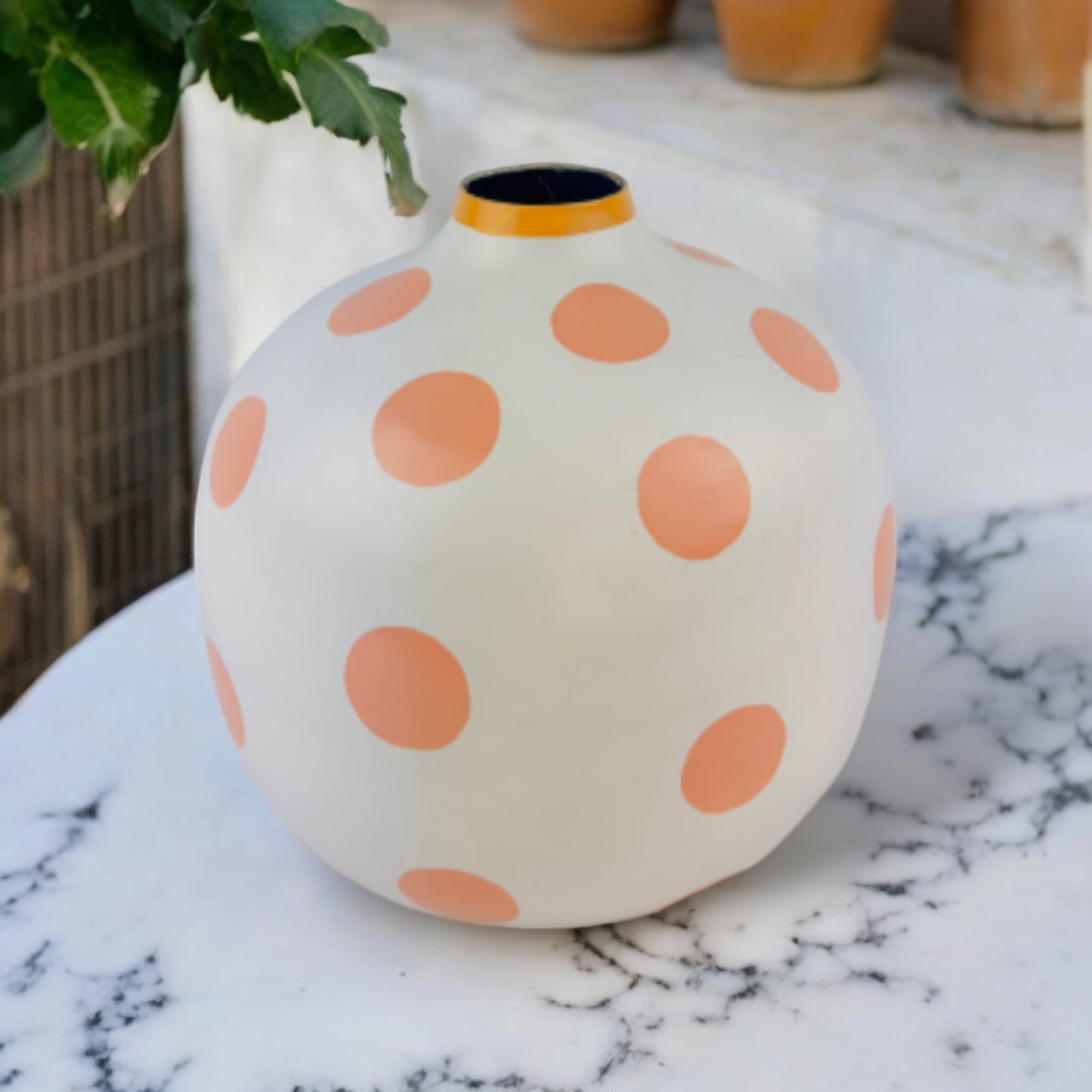 Handcrafted Iron Vase with Pink Spots Artistic Home Decor Pink and White Hand Painted Metal - Lightweight Durable NEW