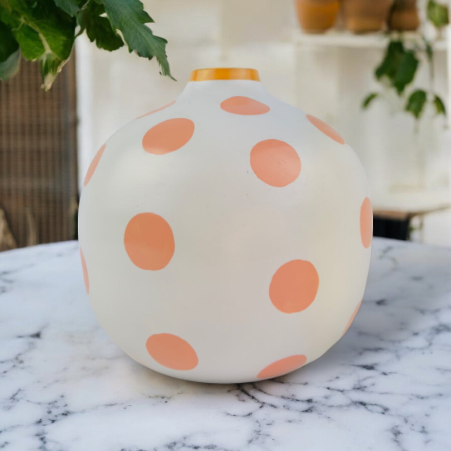 Handcrafted Iron Vase with Pink Spots Artistic Home Decor Pink and White Hand Painted Metal - Lightweight Durable NEW