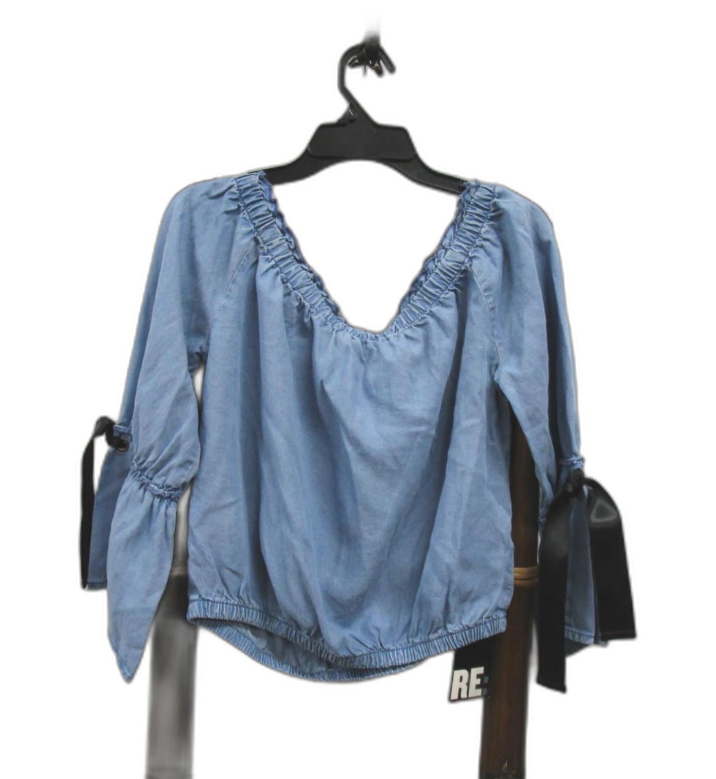 Re:Denim Medium Blue Flare Sleeve Frill Denim Crop Top Ladies Sz 8 NEW