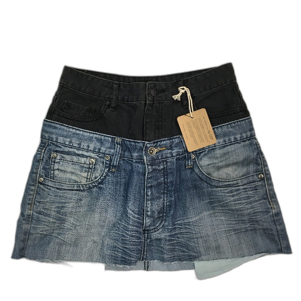 re-UP Handcrafted Upcycled Fabrics 2Tone Veronica Mini Skirt Sz 12 Blue Denim - Durable Lightweight Design reWORKED