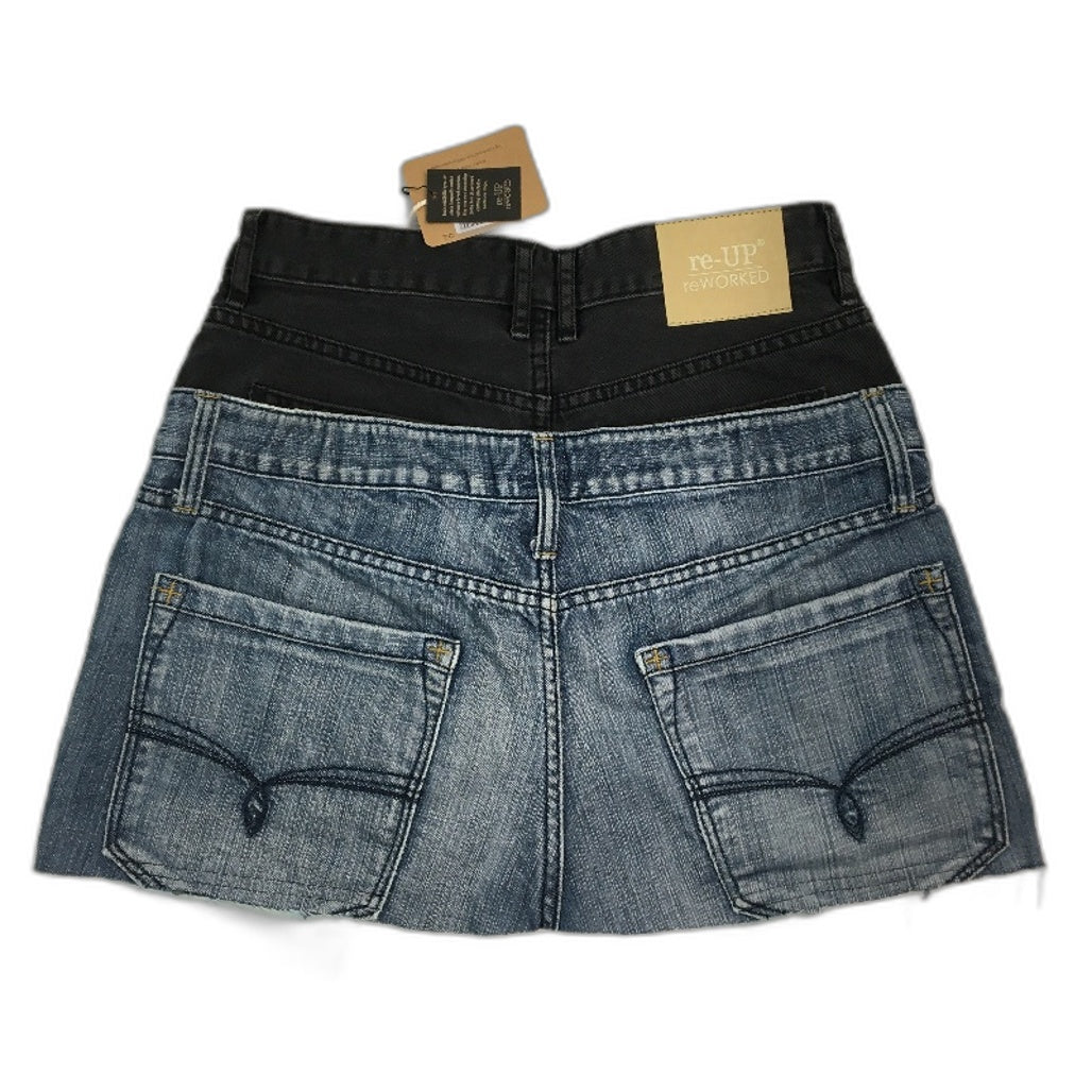 re-UP Handcrafted Upcycled Fabrics 2Tone Veronica Mini Skirt Sz 12 Blue Denim - Durable Lightweight Design reWORKED