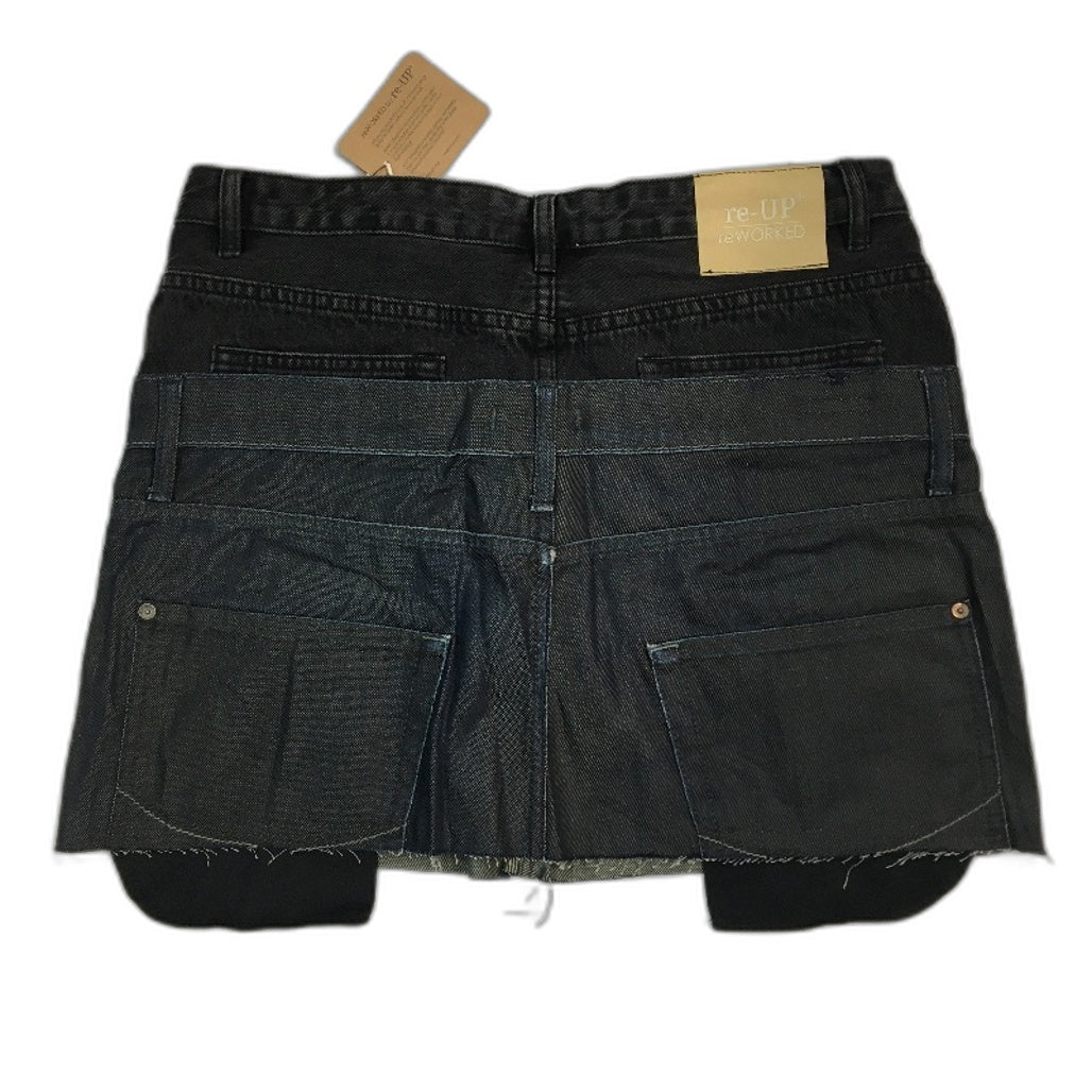 re-UP Handcrafted Upcycled Fabrics Black Veronica Mini Skirt Sz 16 Blue Denim - Durable Lightweight Design reWORKED