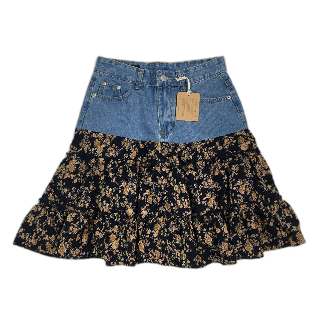 re-UP Handcrafted Upcycled Fabrics Floral RaRa Mini Skirt Size 10 Blue Denim - Durable Design Fast Shipping reWORKED