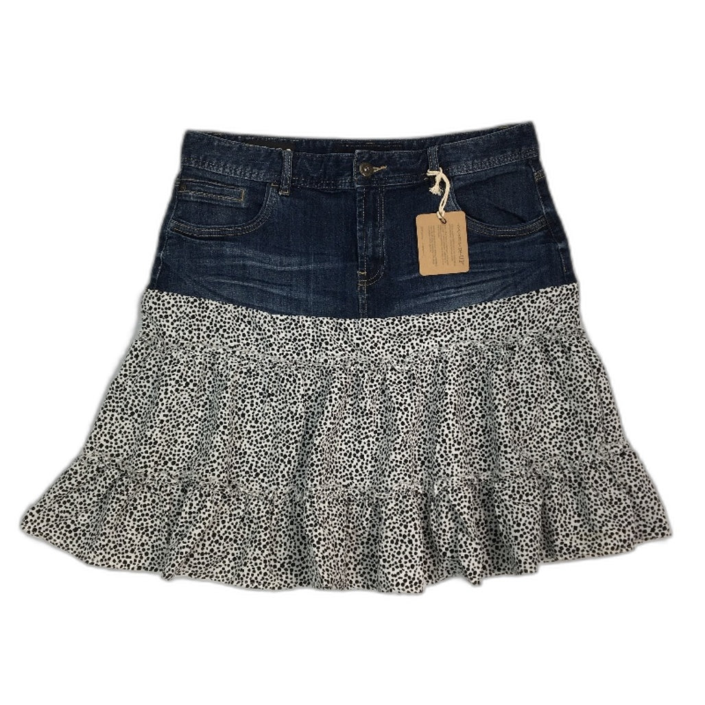 re-UP Handcrafted Upcycled Fabrics Dotted RaRa Mini Skirt Sz 14 Blue Denim - Durable Fast Shipping reWORKED