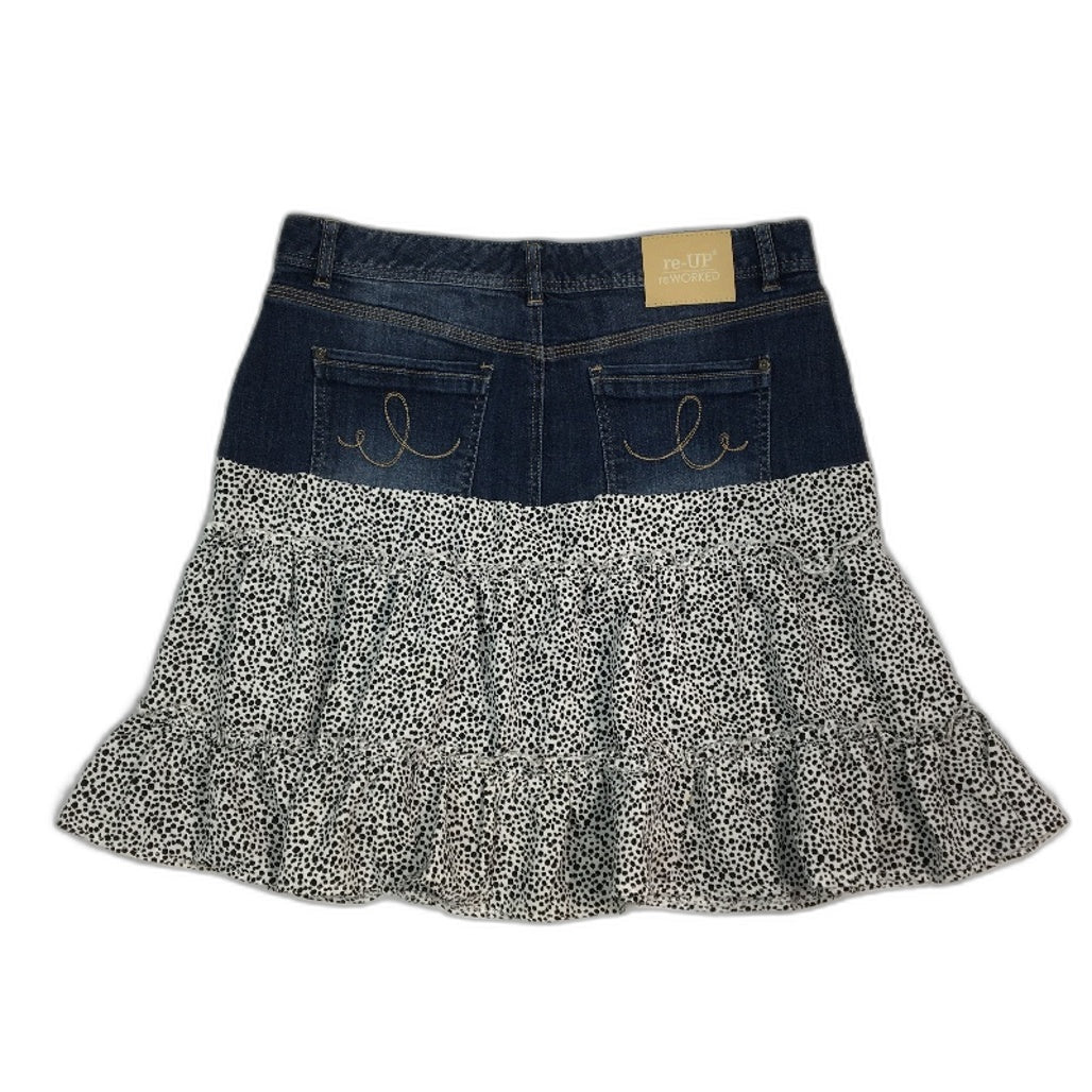 re-UP Handcrafted Upcycled Fabrics Dotted RaRa Mini Skirt Sz 14 Blue Denim - Durable Fast Shipping reWORKED