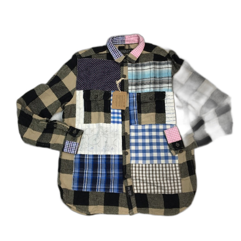 reWORKED re-UP Handcrafted Upcycled Fabrics Tan Check Flannel Shirt Sz M