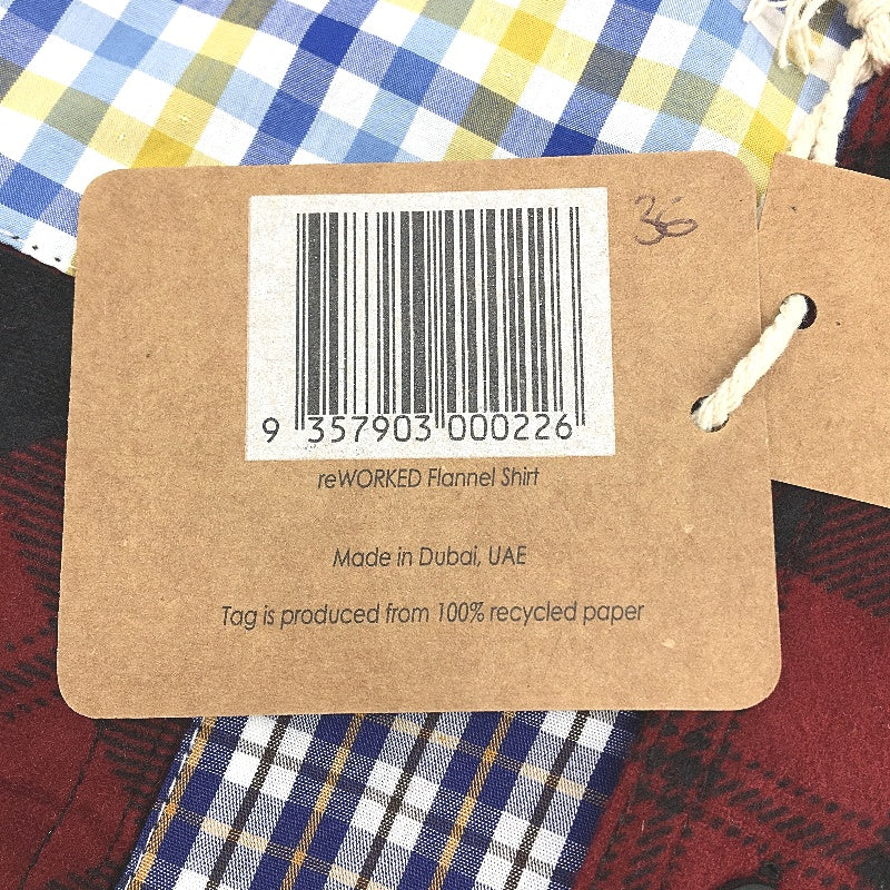 reWORKED re-UP Handcrafted Upcycled Fabrics Tan Check Flannel Shirt Sz M