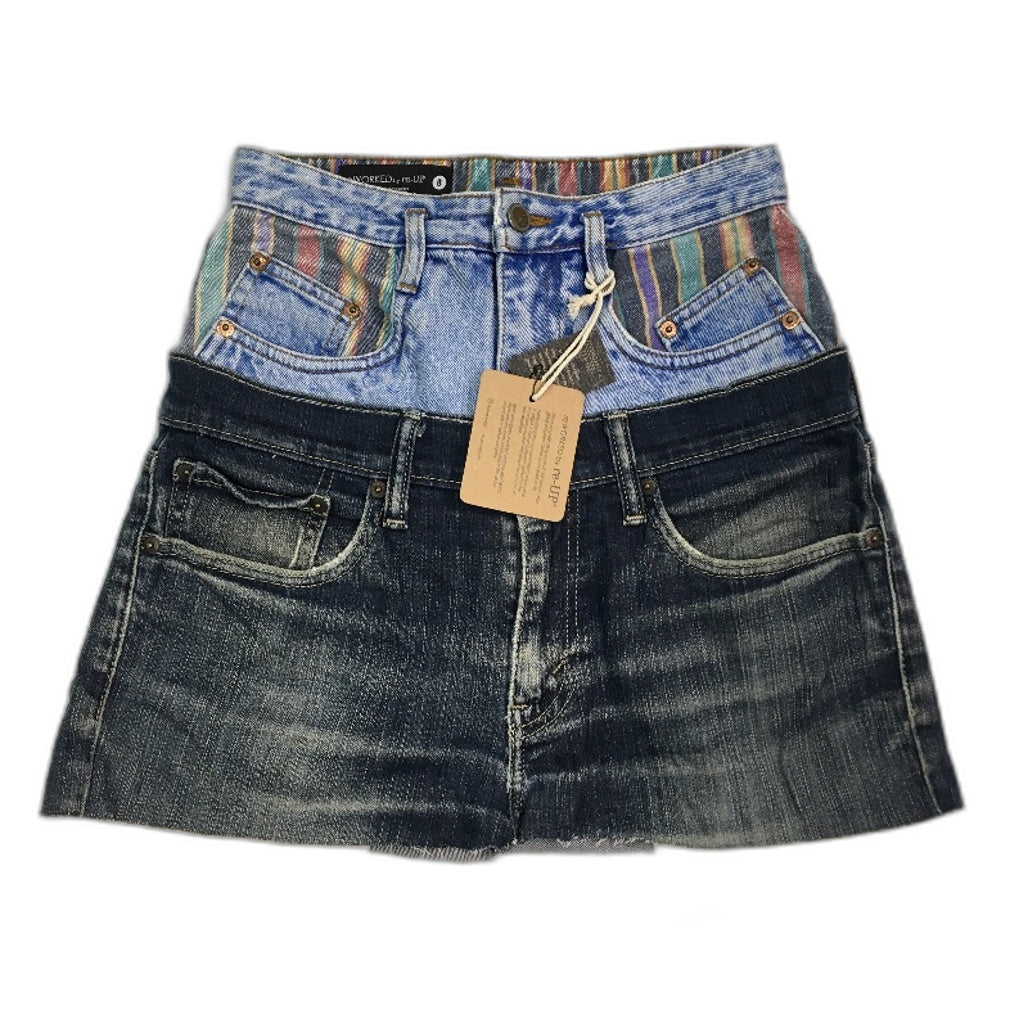 re-UP Handcrafted Upcycled Fabrics 2Tone Veronica Mini Skirt Sz 8 Blue Denim - Durable Lightweight Design reWORKED