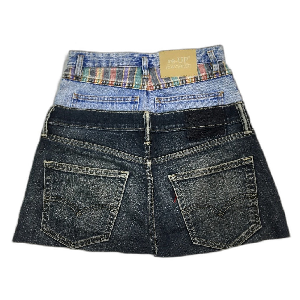 re-UP Handcrafted Upcycled Fabrics 2Tone Veronica Mini Skirt Sz 8 Blue Denim - Durable Lightweight Design reWORKED