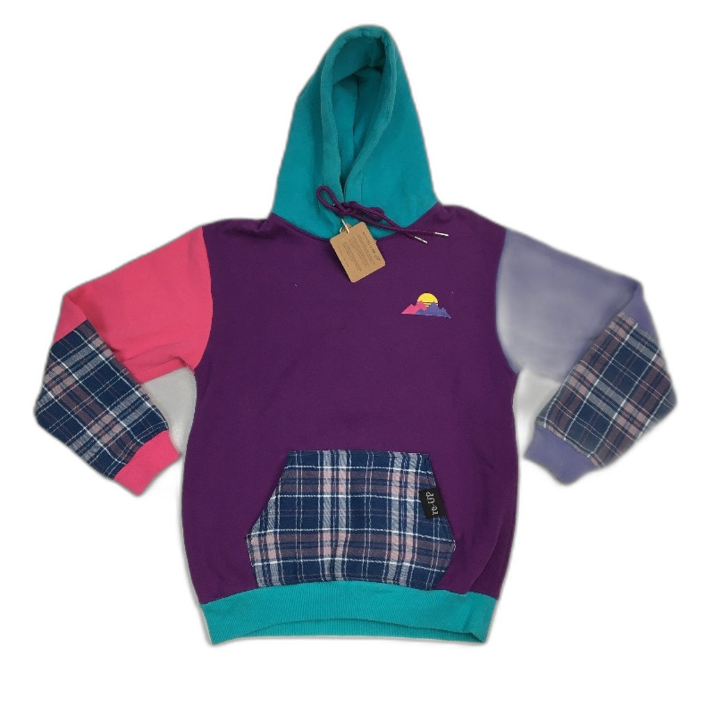 re-UP Handcrafted Upcycled Fabrics Purple Teal Hoodie Jumper Size S - Multicoloured Cotton Lightweight Fast Shipping reWORKED