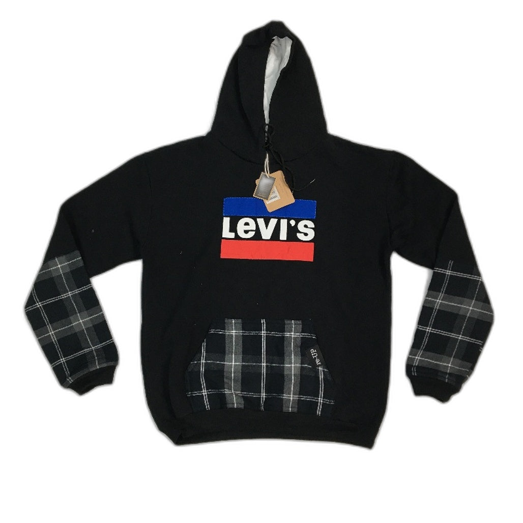 reWORKED re-UP Handcrafted Upcycled Fabrics Black Check Hoodie Jumper Size L