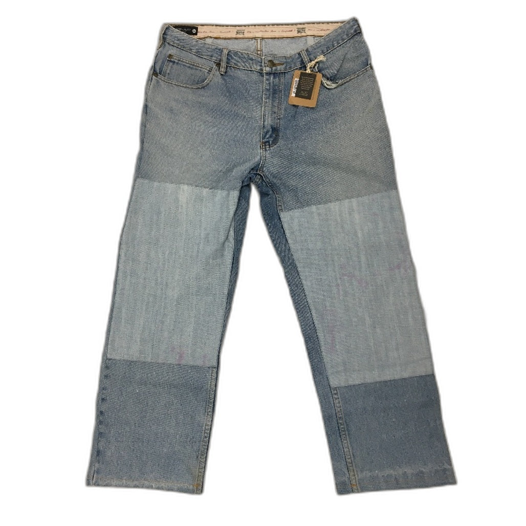 re-UP Handcrafted Upcycled Fabrics Blue Fade Alex Patch Jeans Sz 34 Blue Denim - Durable Lightweight Design reWORKED