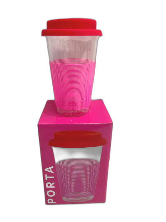 Porta Summer Fun Pink/Red Glass W/ Silicone Pattern Travel Mug 450Ml NEW