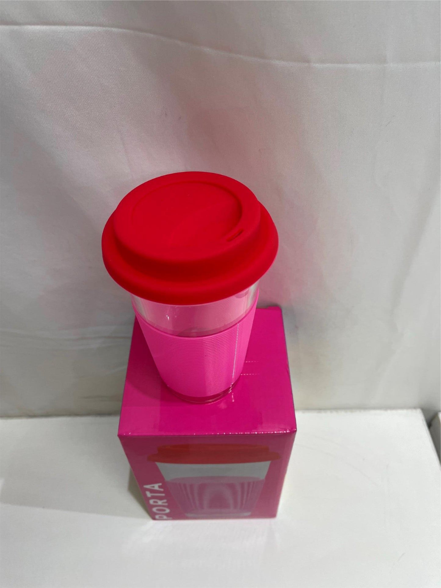 Porta Summer Fun Pink/Red Glass W/ Silicone Pattern Travel Mug 450Ml NEW