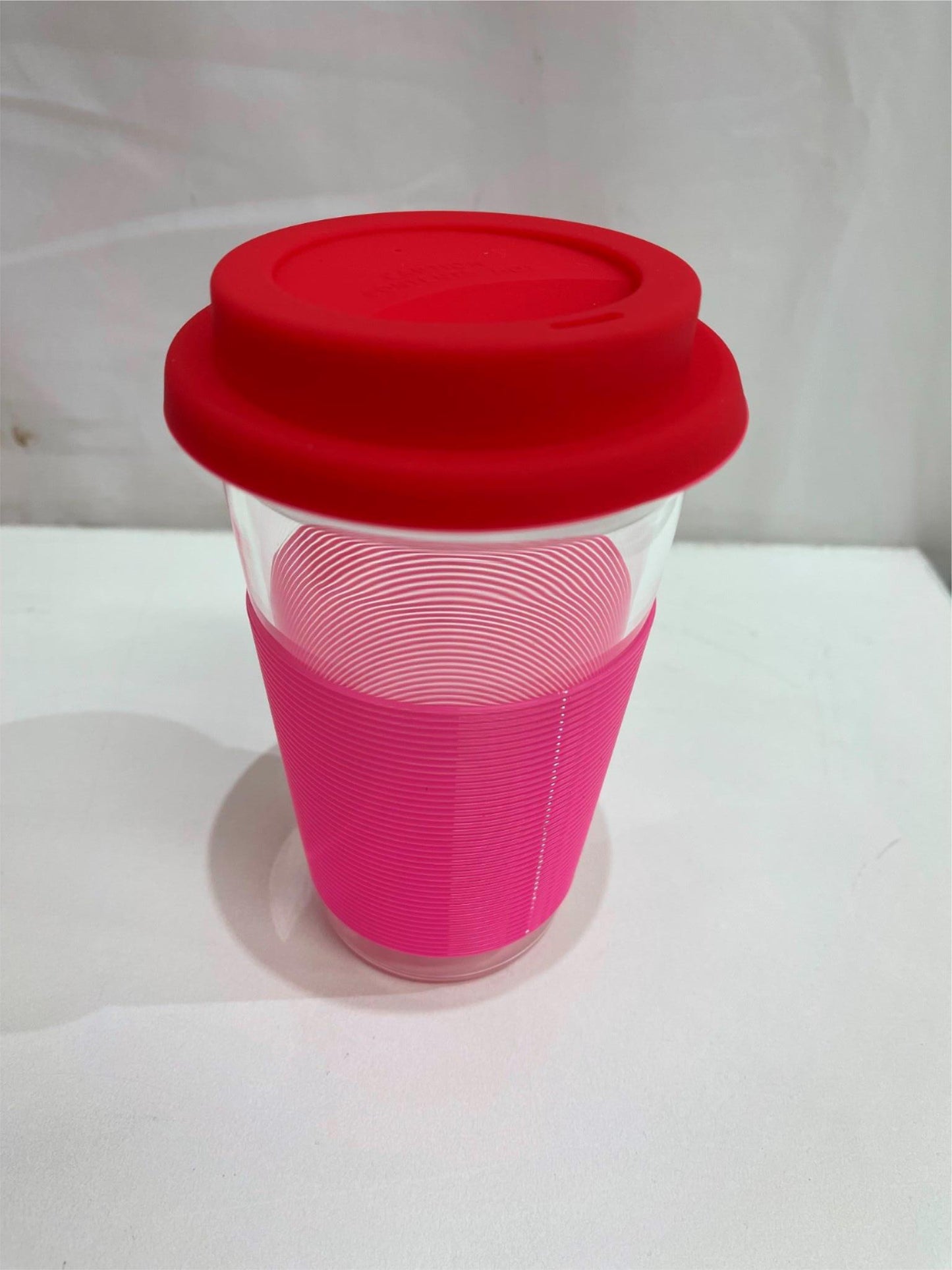 Porta Summer Fun Pink/Red Glass W/ Silicone Pattern Travel Mug 450Ml NEW