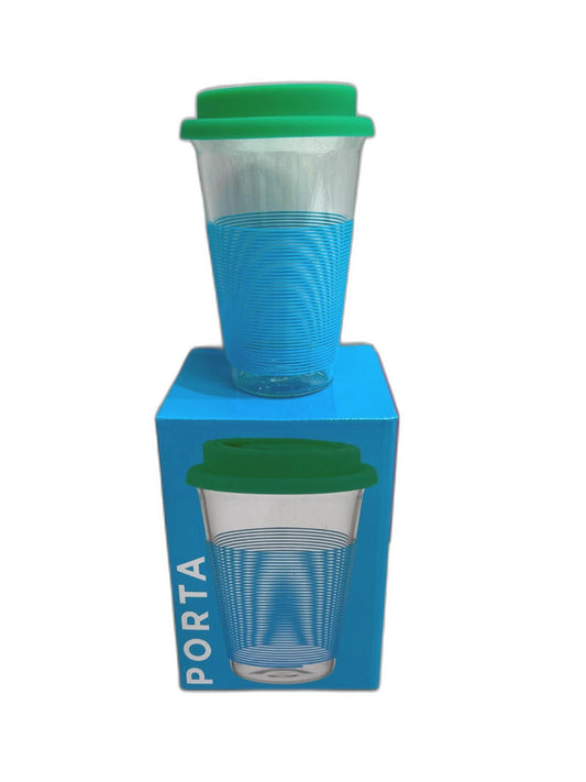 Porta Summer Fun Blue/Green Glass W/ Silicone Pattern Travel Mug 450Ml NEW