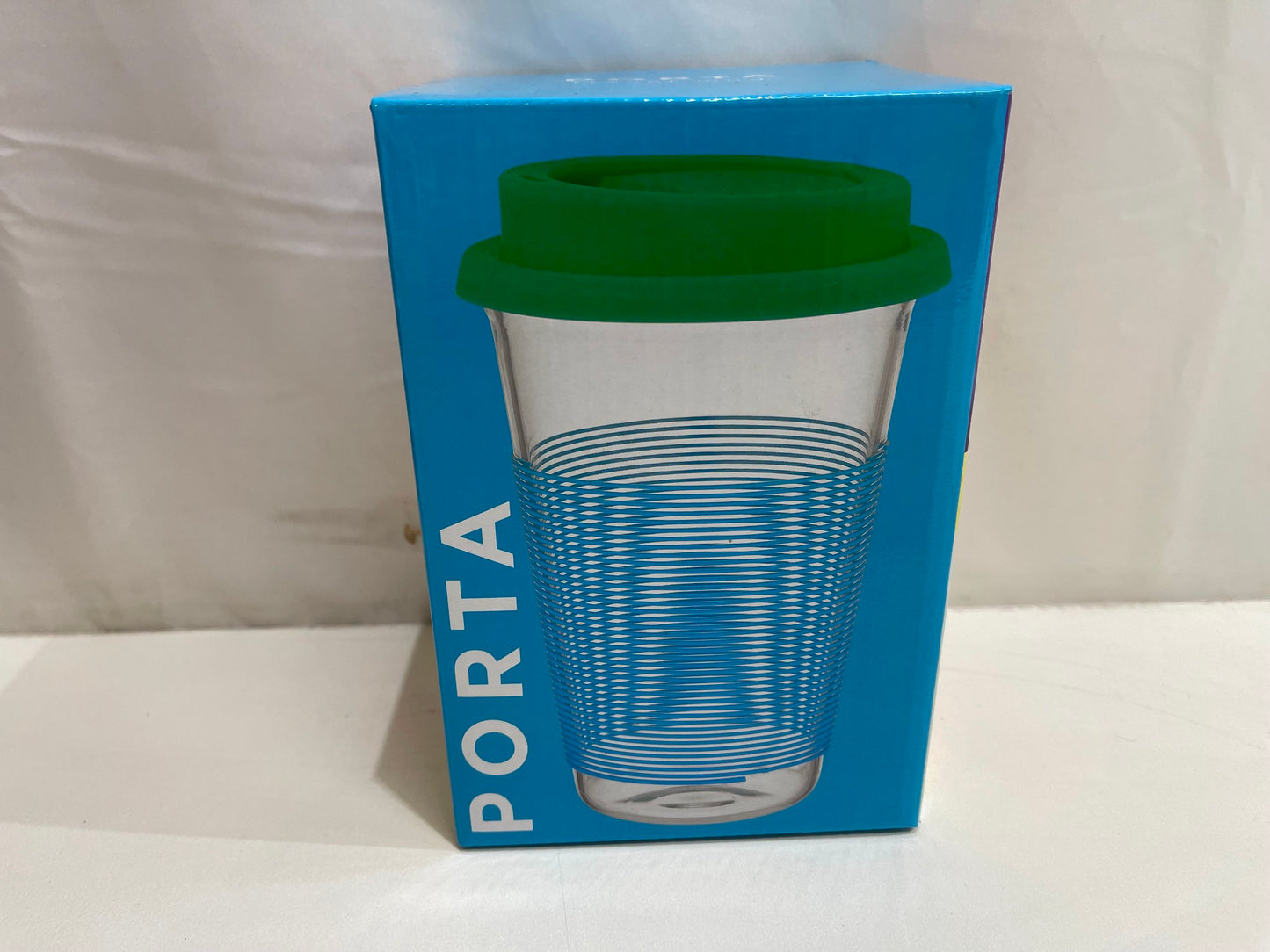 Porta Summer Fun Blue/Green Glass W/ Silicone Pattern Travel Mug 450Ml NEW