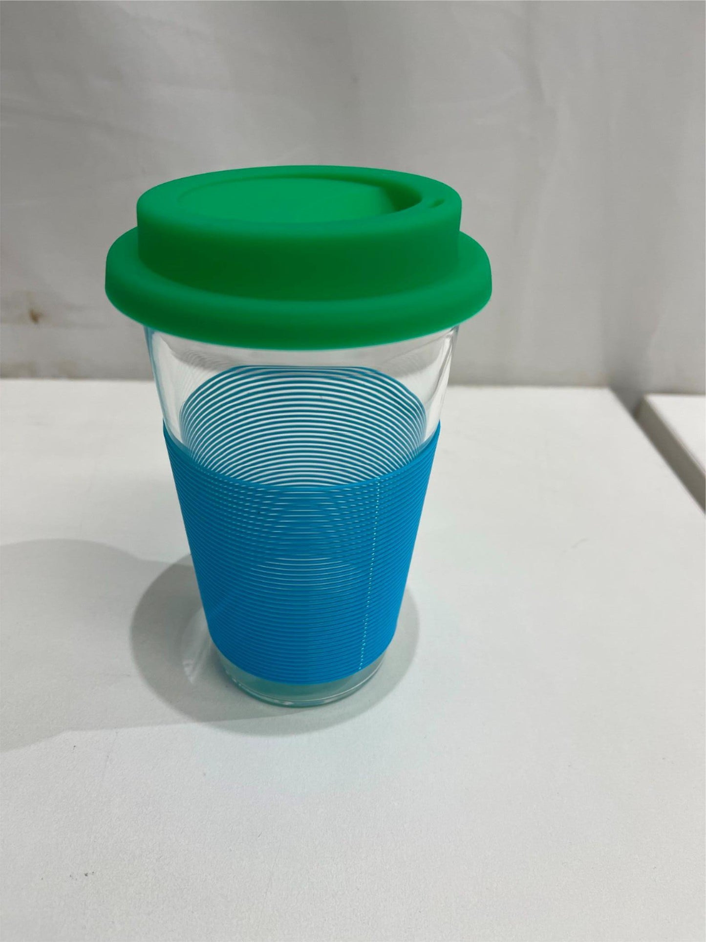 Porta Summer Fun Blue/Green Glass W/ Silicone Pattern Travel Mug 450Ml NEW