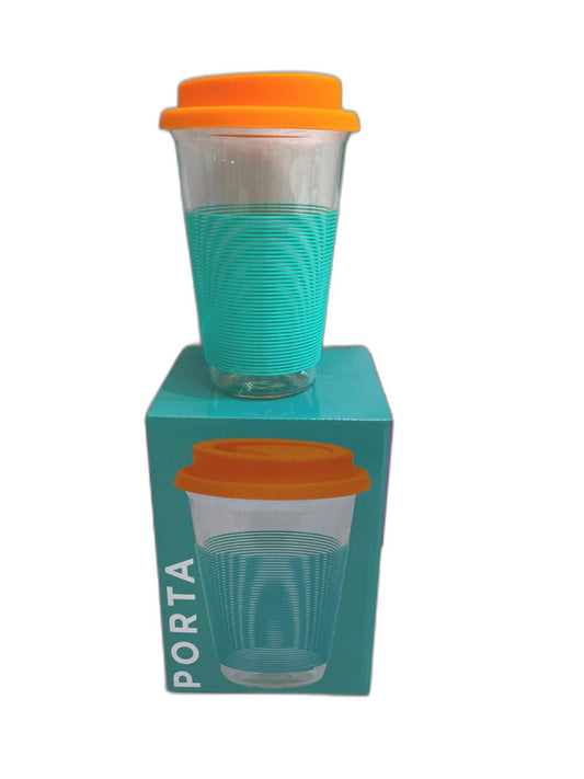 Porta Summer Fun Aqua/Orange Glass Silicone Pattern Travel Mug 450Ml NEW