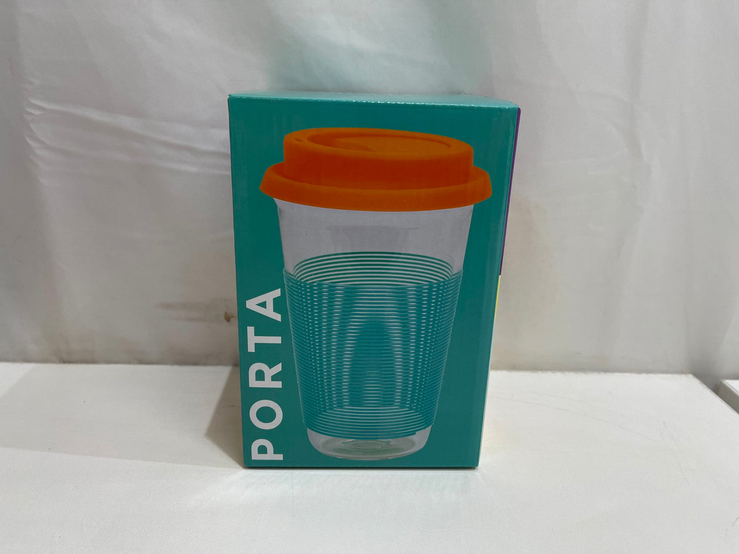 Porta Summer Fun Aqua/Orange Glass Silicone Pattern Travel Mug 450Ml NEW