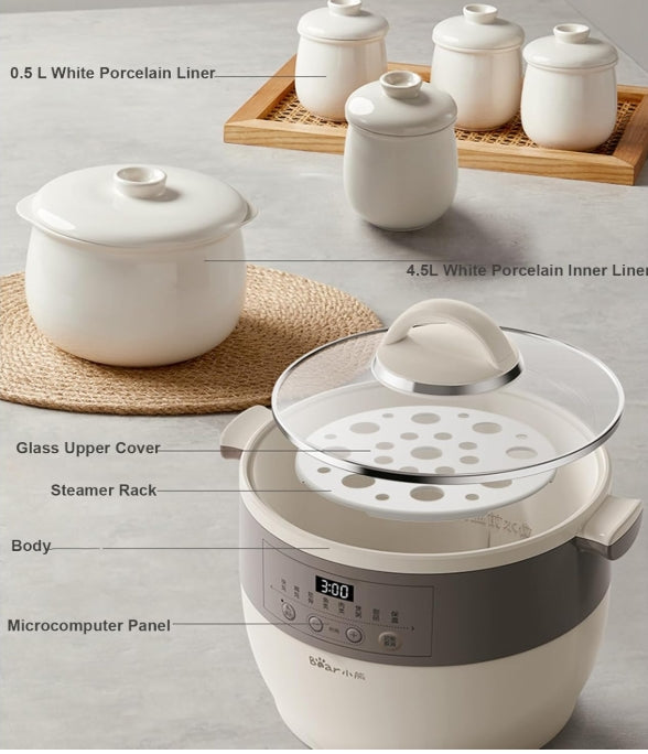 Bear 4.5L 600W Ceramic Inner Multifunctional Electric Stew Pot with 4 Pots NEW