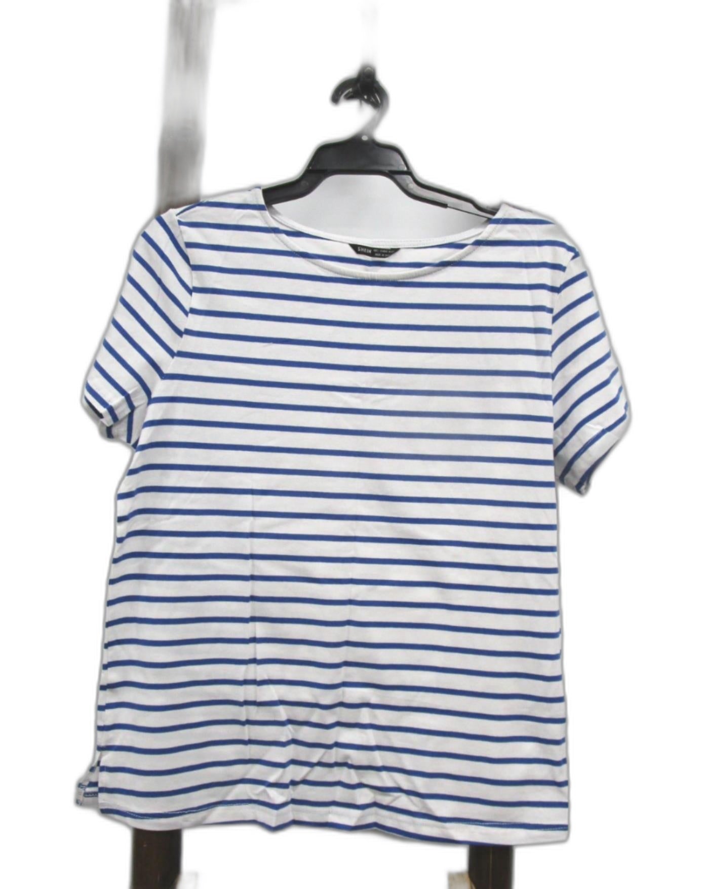 Shein White & Blue Striped Print Round Neck Ss Tee Ladies Size L NEW