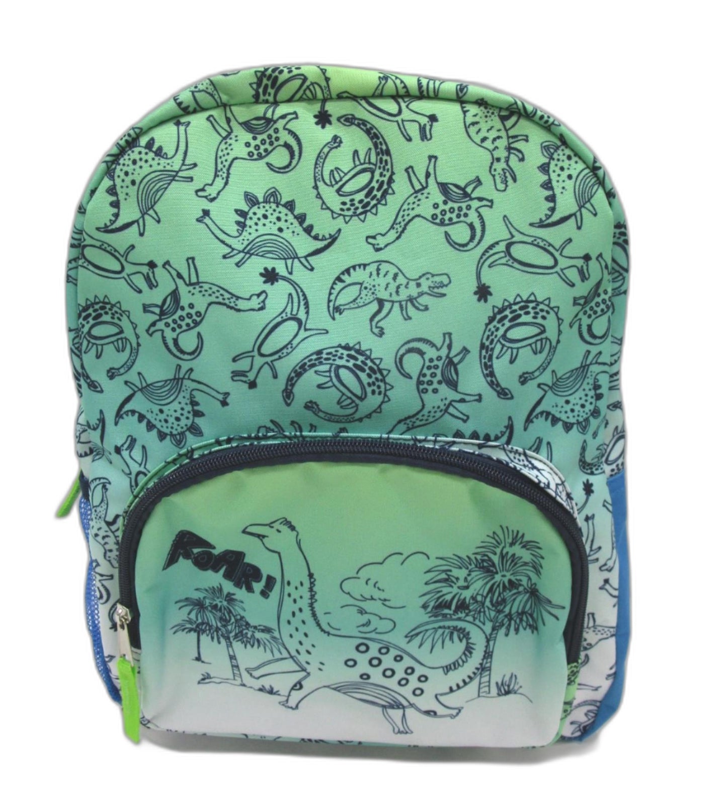 Dinosaur Printed Green/Blue 1 Side Mesh Pocket 2 Compartment Backpack NEW