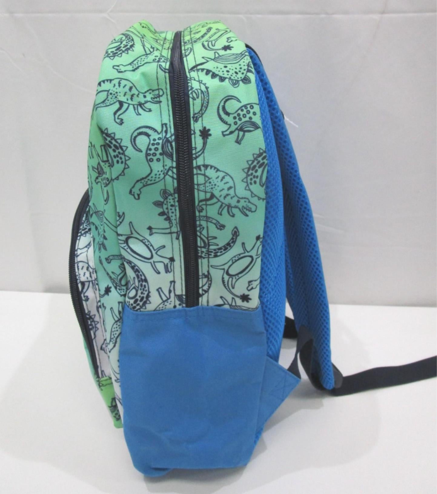 Dinosaur Printed Green/Blue 1 Side Mesh Pocket 2 Compartment Backpack NEW