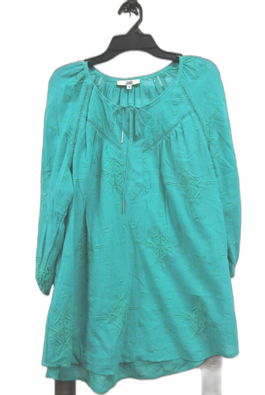 Jag Round Neck Drawstring 3/4 Sleeves Embroidered Top Green Ladies Sz 10