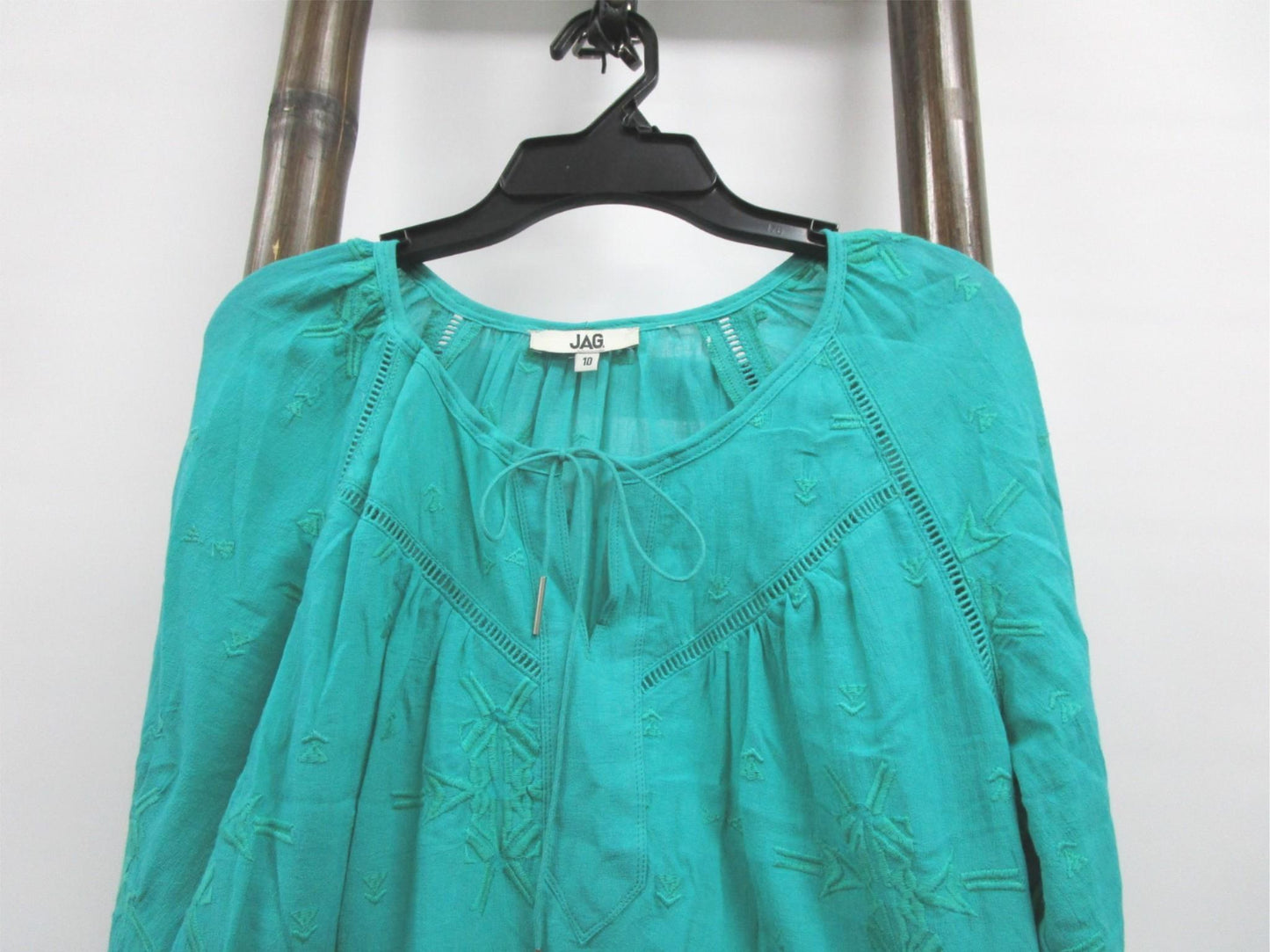 Jag Round Neck Drawstring 3/4 Sleeves Embroidered Top Green Ladies Sz 10