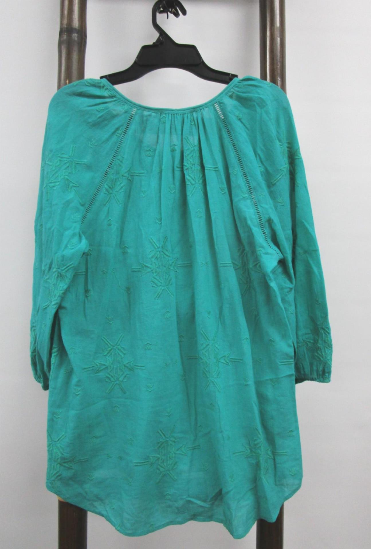 Jag Round Neck Drawstring 3/4 Sleeves Embroidered Top Green Ladies Sz 10