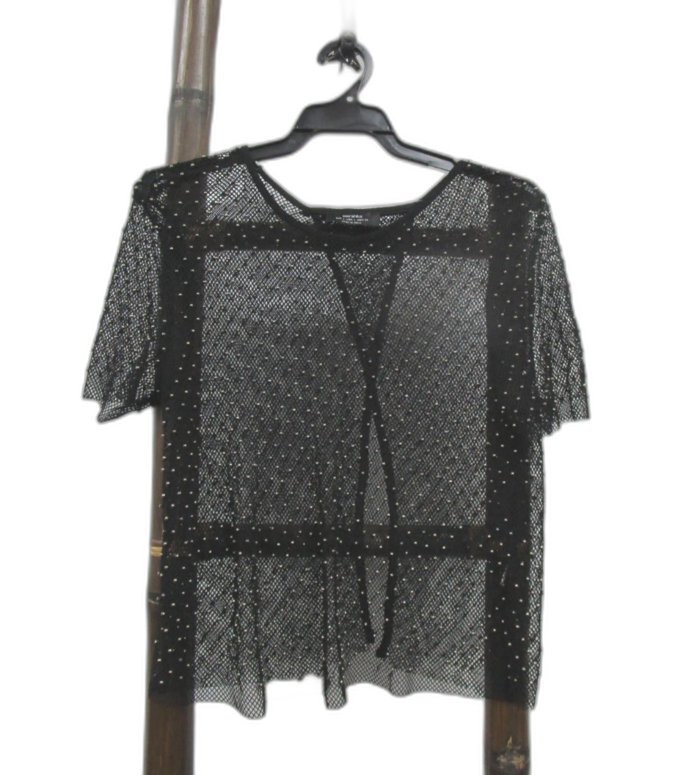 Bershka Short Sleeve Studded Bead Fish Net Crop Top Black Ladies Size L