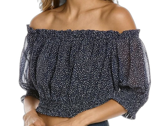 Keepsake Ruffle Trim Elasticized Neckline Midnight Spot Top Ladies 8 NEW