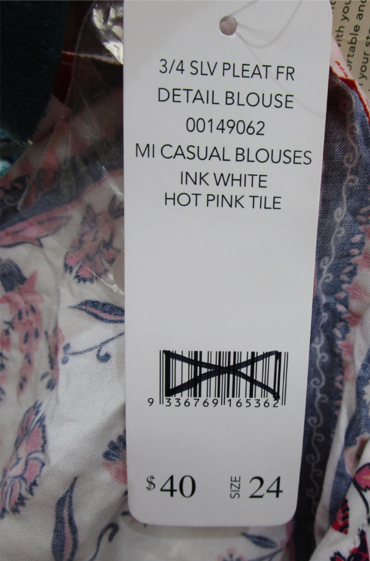 Millers 3/4 Sleeve Pleat Detail Blouse White Pink Tile Ladies Sz 24 NEW