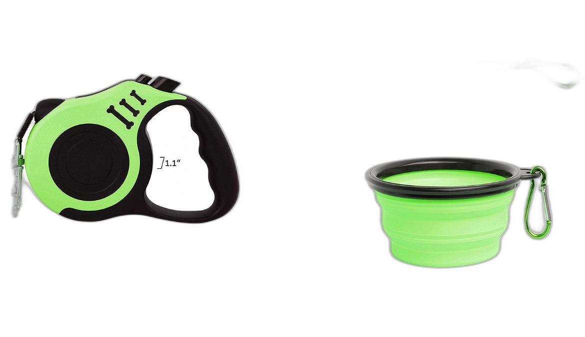 Retractable 16Ft Pet Leash W/Dog Waste Bag Dispenser & Bowl Set-Green NEW