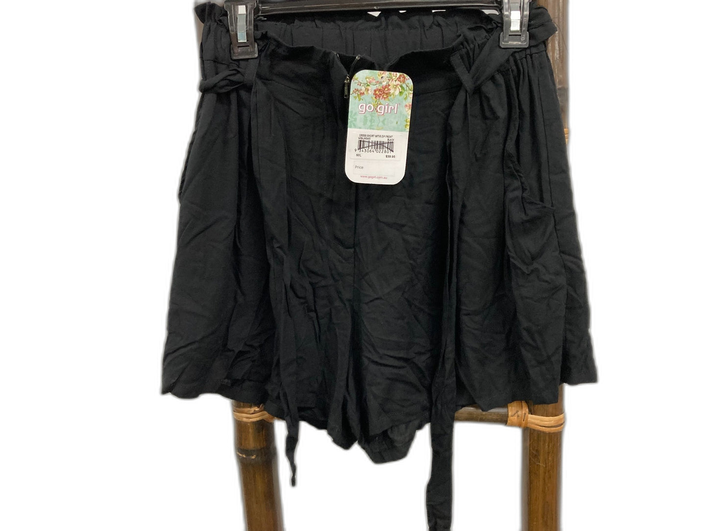 Go Girl Dress Shorts W/ Tie Zip, Side Pockets Black Ladies Sz M/L NEW