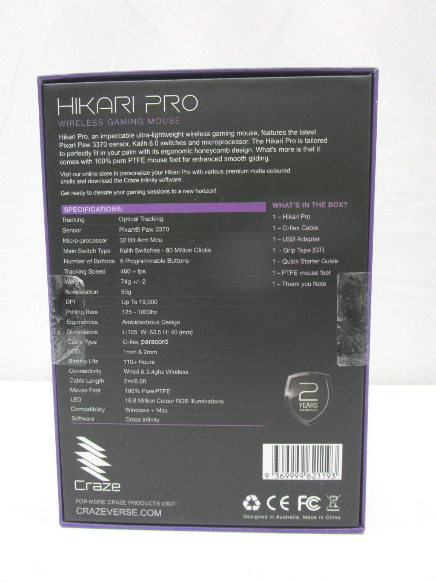 Craze Infinity Hikari Pro Ultra-Lightweight Wireless Gaming Mouse NEW