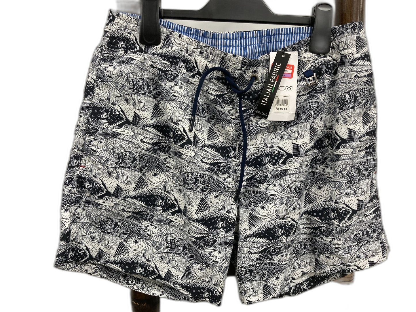 Hom Italian Fabric Fish Patterned Swim Shorts Blue/White Mens Sz M NEW