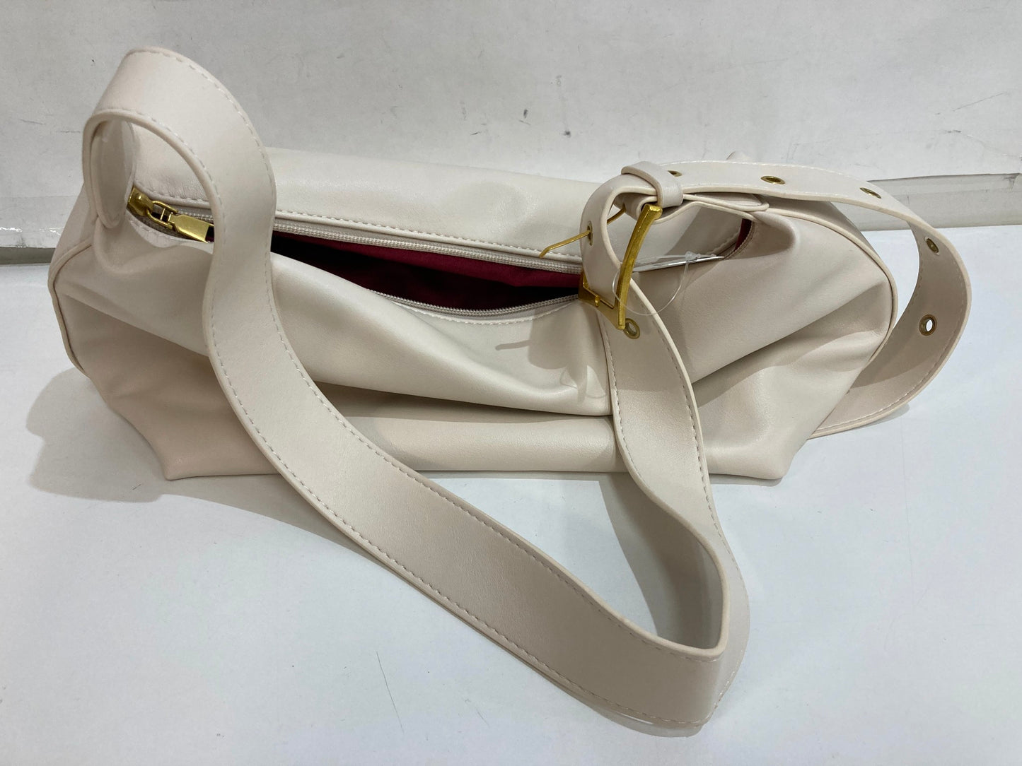 Faux Leather Adjustable Strap Handbag With Zip Closure Cream White  NEW