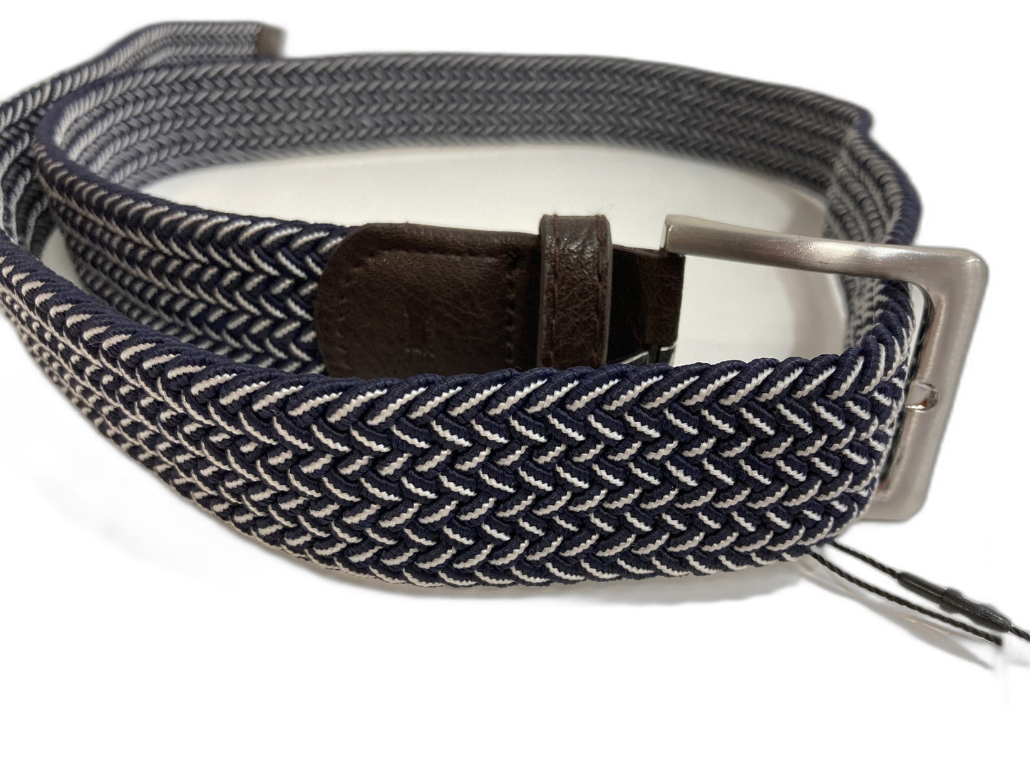 Casual Woven Belt With Faux Leather Trim Silver Buckle Blue/White Men NEW