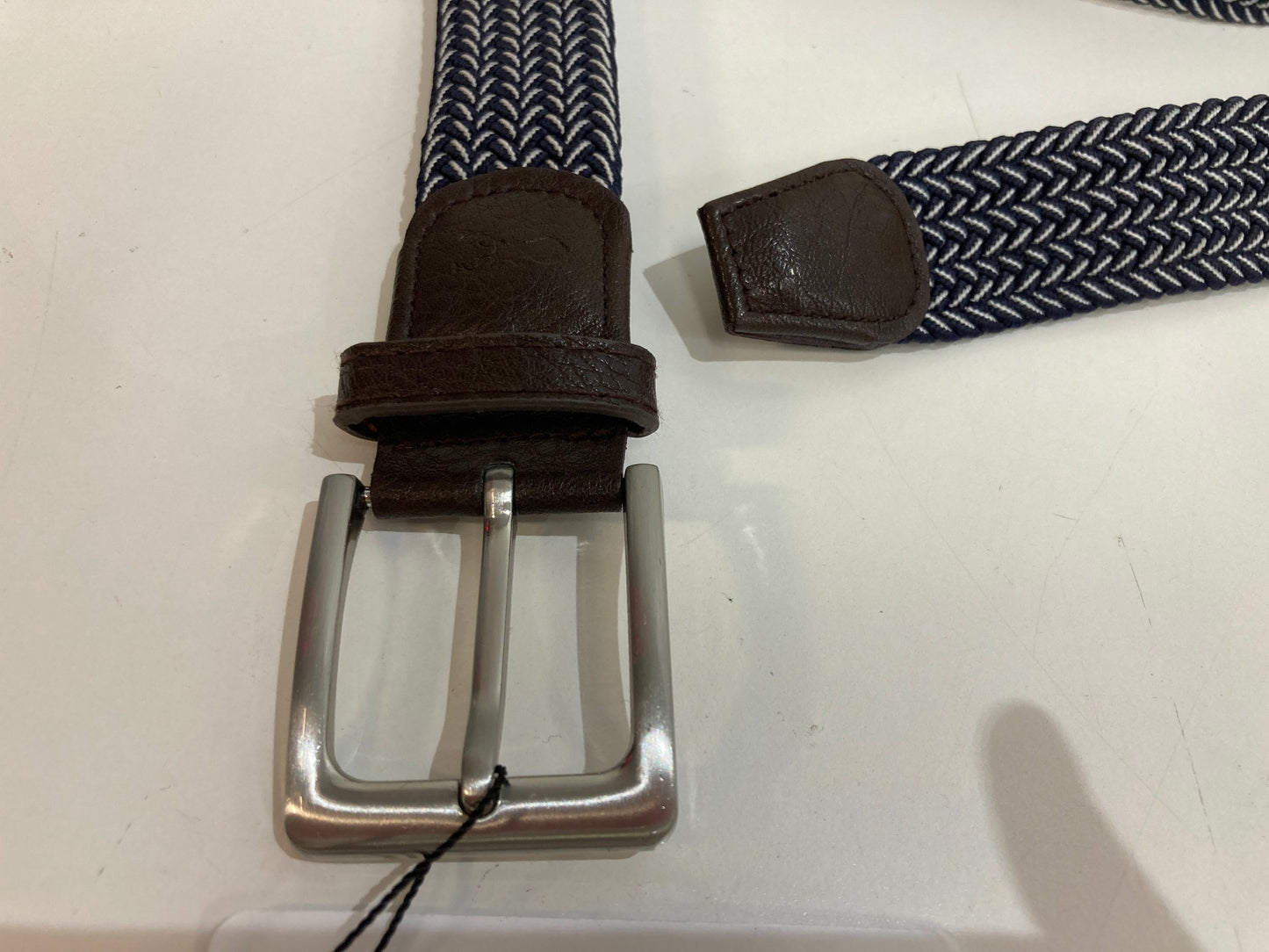 Casual Woven Belt With Faux Leather Trim Silver Buckle Blue/White Men NEW