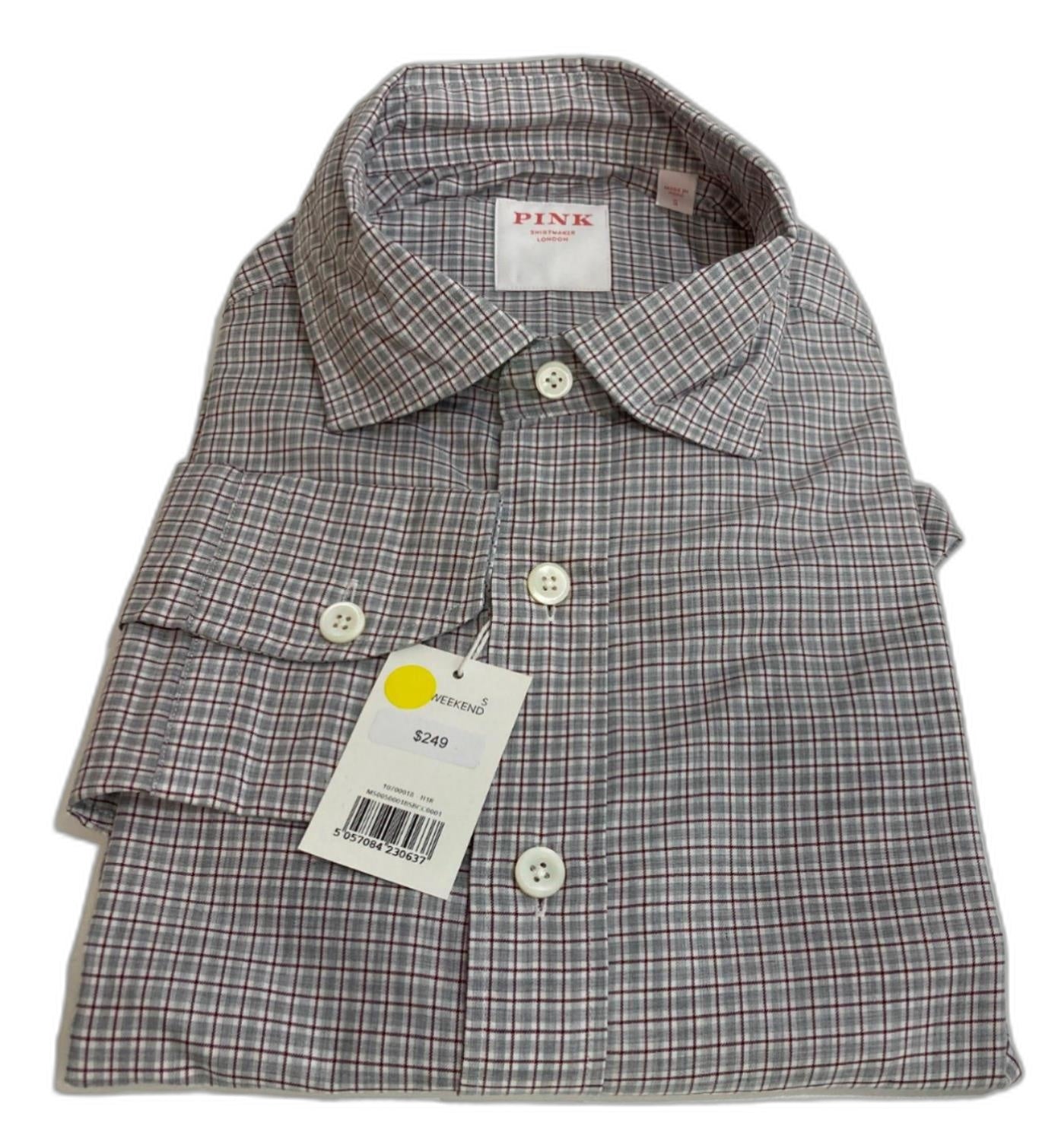 Thomas Pink Weekend Tailored Shirt Grey/Maroon Check Men Sz S NEW