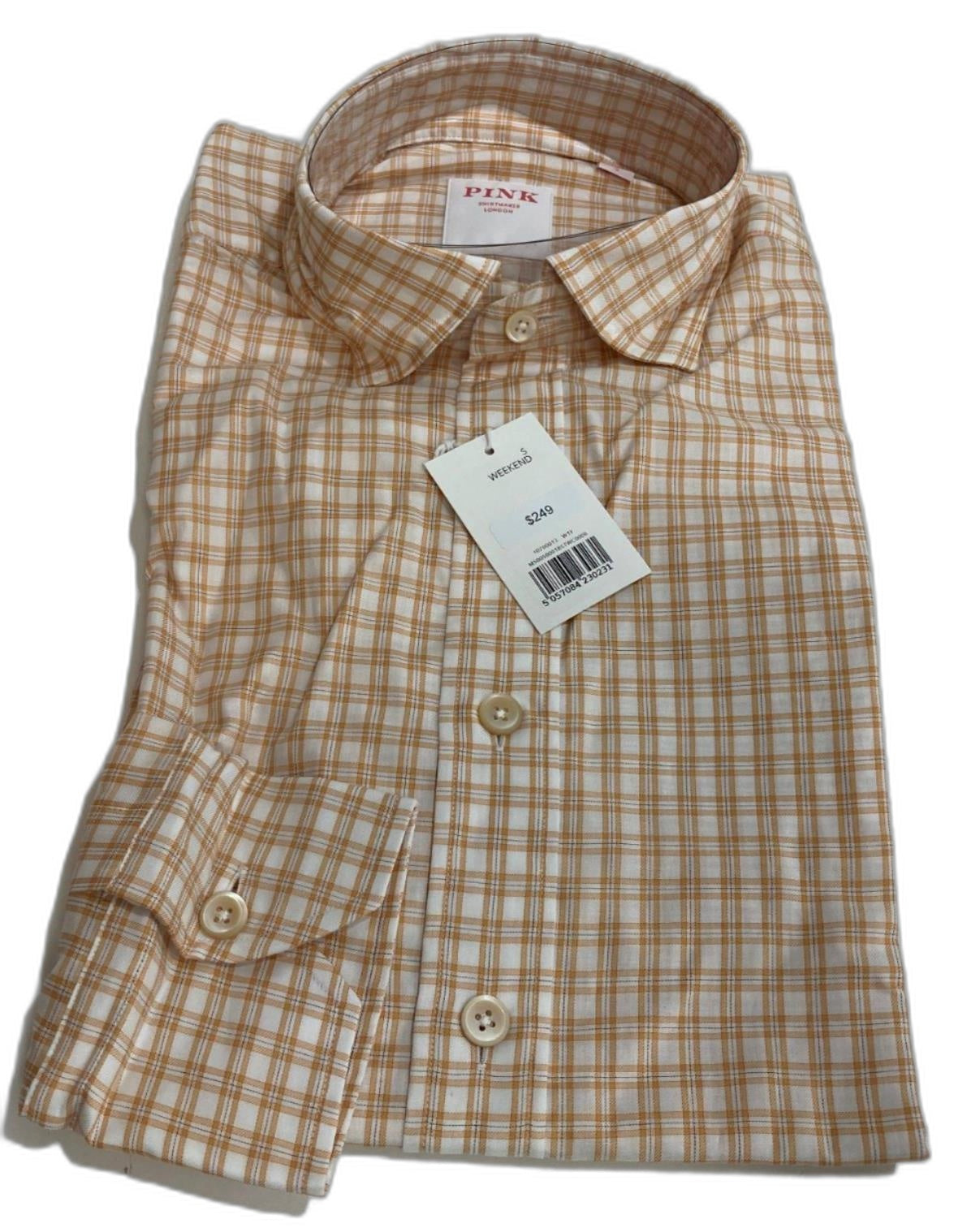 Thomas Pink Weekend 100% Cotton Shirt Caramel White Check Men Sz S NEW